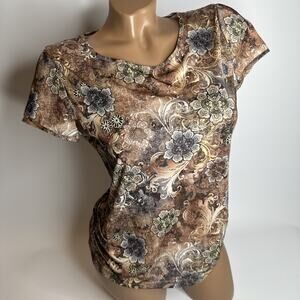 Basynu Hong Kong Brown Mesh Semi Sheer Large Cowl Neck Top Floral Baroque Grunge